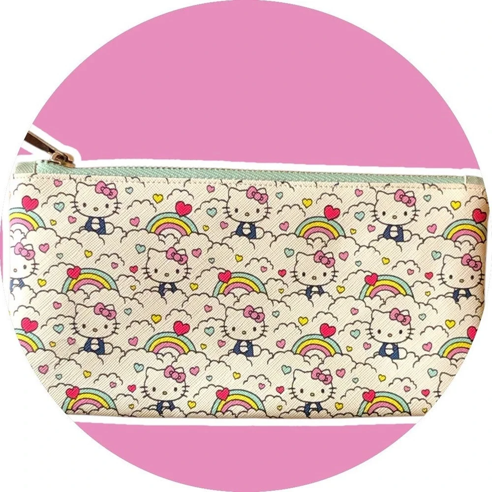 2024 Sanrio Hello Kitty‎ White  Pencil Pouch Case Zipper Lined Rainbows Hearts